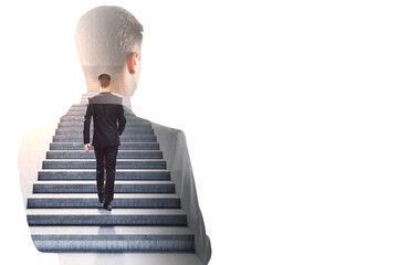 Poster - Abstract image of attractive european male walking on abstract stairs on white background with mock up place. Success and career growth concept. Double exposure.
