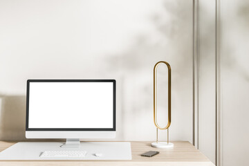 Aufkleber - Close up of creative designer desktop with blank white computer screen, keyboard, decorative items and other items on concrete wall background. Workplace concept. Mock up, 3D Rendering.
