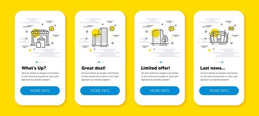 Poster - Vector set of Skyscraper buildings, Market and Buildings line icons set. UI phone app screens with line icons. Arena stadium icon. Town architecture, Shopping bags, City architecture. Vector