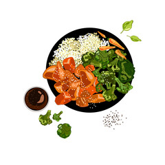 Wall Mural - Pieces of chicken fillet with rice bowl and broccoli, young carrots in sauce drawn in a realistic cartoon style isolated on a white background.Chicken teriyaki bowl. Healthy food,Vector illustration