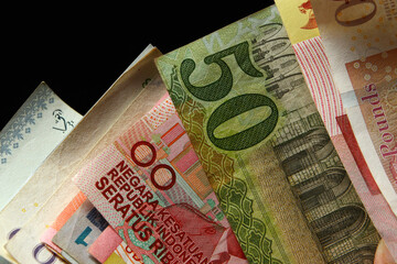 Close up of variety country banknotes or bills