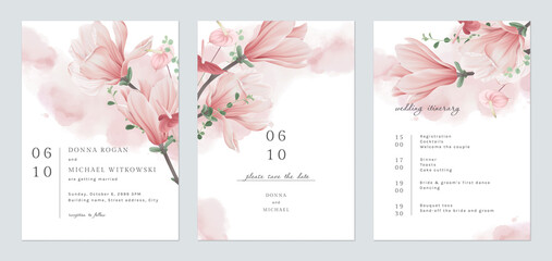 Wall Mural - Floral wedding invitation card set template design, pink watercolor decorated with magnolia liliiflora flowerss on white