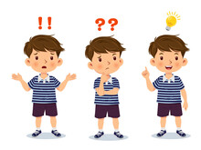 Cute Little Boy Stand Confused, Thinking, And Understand. Vector Illustration
