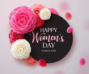 Wall Mural - Happy women's day vector template design. March 8 women's day greeting in black empty space for text with camellia flower elements for international woman's celebration. Vector illustration.
