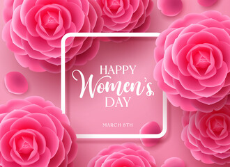 Wall Mural - Happy women's day vector template design. March 8 women's day greeting in empty space for text with camellia flower elements for international woman's celebration. Vector illustration.
