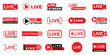 Live streaming set red icons. Play button icon. Set of video broadcasting and live streaming icon. Button, red symbols for TV, news, movies, shows. Live Play button icon vector