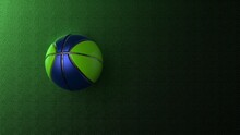 Blue-green Basketball On Metallic Green Dots Wall Under Spot Light. 3D Illustration. 3D High Quality Rendering.