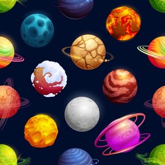 Poster - Cartoon futuristic planets, stars seamless pattern, vector galaxy background. Cosmos asteroids and fantasy space planets with satellite meteorites, meteors and comets, cartoon sky pattern