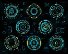 HUD Futuristic Graph, Circular Interface Panels. Sci Fi Technology Radars, Visual Data Futuristic Vector Diagrams With Neon Blue And Yellow Circles, Computer Game UI Elements Or Military Aim Targets