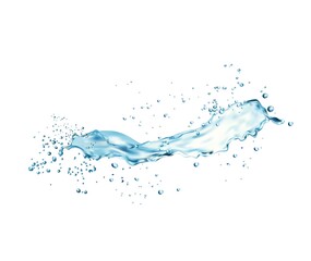 Transparent long water splash with drops, liquid blue clear aqua wave. Realistic 3D vector. Water flow with droplets of clean drink with ripples in motion and water pouring flow bubbles