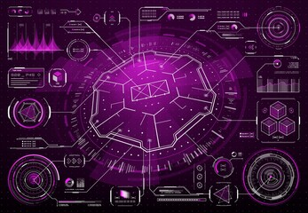 Leinwandbilder - HUD futuristic prison security interface screen, safeguard movement and cameras controls, vector hologram display. HUD technology virtual jail or prison cells with monitoring panel or dashboard