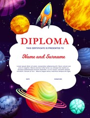 Poster - Kids diploma. Fantastic universe galaxy, cartoon starry space, rocket and planets. School education certificate vector template with spaceship interstellar travel. Graduation achievement border