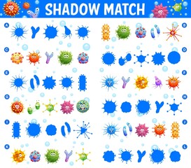 Poster - Shadow match maze game with cartoon viruses, microbes and pathogen cells smiling characters. Children education puzzle with matching task, child find shadow riddle and kids playing activity worksheet