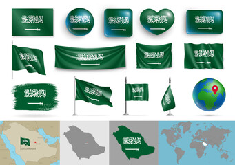 Wall Mural - set of saudi arabia flags and geographic map. realistic saudi arabian flags, glossy buttons patrioti