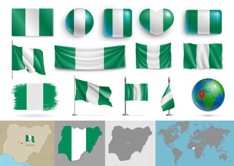 Wall Mural - nigeria flags of various shapes and geographic map set. realistic nigerian flags, glossy buttons in 