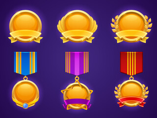 Poster - Set of game level ui icons, empty golden medals with banners, wings, star and laurel wreaths, isolated award frames or bonus graphic elements, reward, trophy achievement and prize for rpg or casino