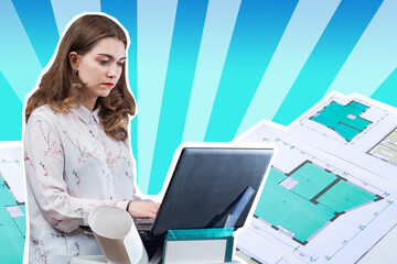 Poster - architect student with laptop. architectural drawings next to a student. concept - architectural edu