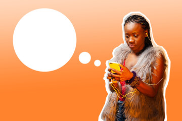 Poster - Woman with mobile phone in her hands. Girl with a smartphone on orange background. Place to insert illustration next to it. Black girl with phone. African woman listening to music on headphones.