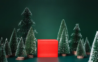 Poster - christmas tree group and red vivid product display block on green background.