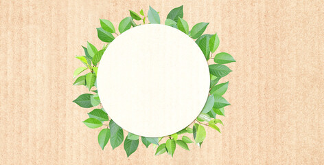 Wall Mural - Green leaves on cardboard texture. Horizontal banner with eco paper texture