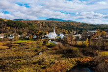 Aerial View Of Charming Small Town Stowe In Vermont. Mountains With Fall Multicolor Trees