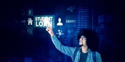 Wall Mural - Male student touch student loan text on virtual screen