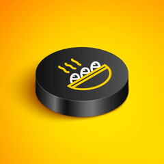 Poster - Isometric line Fish soup icon isolated on yellow background. Black circle button. Vector