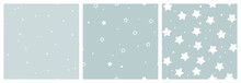 Star Seamless Pattern Set For Baby Boy Clothing, Textile Or Wallpaper. Neutral Designs In Greyish Blue And White Soft Colors 