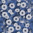 White flowers on a blue background seamless pattern. Blooming anemones.