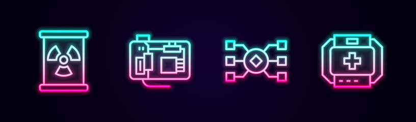 Poster - Set line Radioactive waste in barrel, Motherboard, Neural network and First aid kit. Glowing neon icon. Vector