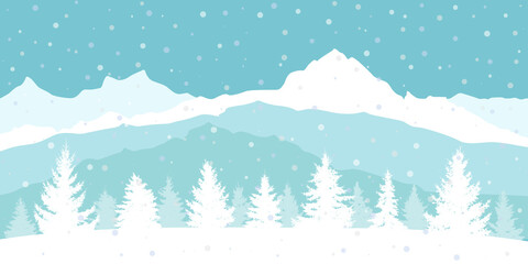 Winter forest with show on background of mountains, beautiful landscape. Silhouette of Christmas trees. Vector illustration