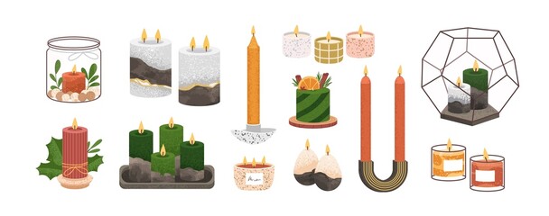 Poster - Modern scented candles set with stone and glass candlesticks, jars and cups. Aromatic home decor from soy wax. Cute handmade perfumed decoration. Flat vector illustration isolated on white background