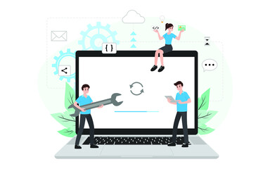 Fototapete - IT administrator with software upgrade process on laptop. Digital system device administration, network upkeeping, computer systems configuration concept. System maintenance application vector.