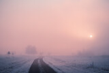 Fototapeta Na ścianę - Road with frosted trees in winter mountains at foggy sunrise. Beautiful winter landscape.