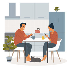 Wall Mural - Young  man and woman sitting on the chairs  with smartphones in the kitchen. Cat is lying under the table. Vector flat illustration