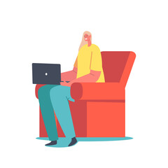 Poster - Female Character Sitting on Armchair with Laptop in Hands Isolated on White Background. Freelancer Working Process