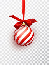 Red Christmas Ball With White Diagonal Stripes Hanging On A Ribbon With A Red Lush Bow Isolated On A Transparent Background.