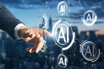 Poster - Male hand pointing at creative AI hologram on blurry night city background. Artificial intelligence, ai, technology and communication concept. Double exposure.