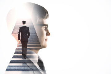 Poster - Creative image of attractive european male walking on abstract stairs on white background with mock up place. Success and career growth concept. Double exposure.