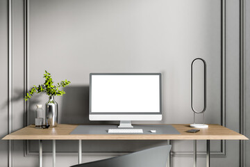 Aufkleber - Close up of creative designer desktop with clean white computer screen, keyboard, decorative plant and other items on concrete wall background. Workplace concept. Mock up, 3D Rendering.