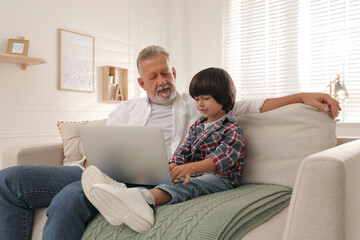 Wall Mural - Grandfather and grandson using laptop together at home