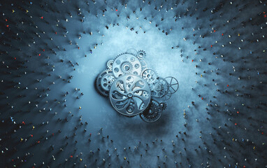 Wall Mural - crowd of people around cog wheels mechanism.