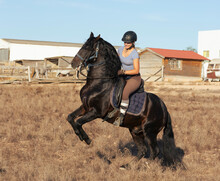 Young Woman Riding On Rearing Up Horse At Ranch