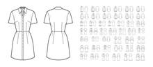 Set Of Shirt Dresses Technical Fashion Illustration With Button Closure, Classic Round Flat Collar, Knee Mini Length Skirt. Flat Safari Office Apparel Front, Back, White Color. Women Men CAD Mockup