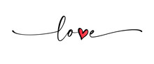 Love - Continuous Line Cursive Text. Lettering Typography Design With Word Love And Doodle Heart. Elegant Vector Print For T-shirt, Poster, Card, Banner Valentine Day, Wedding