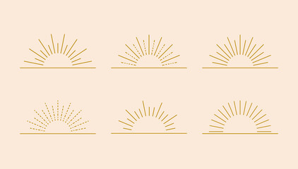 set of linear boho geometric sun shines, sun logo design templates, abstract shining suns, retro style, golden color.