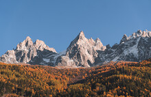 Idyllic View Of French Alps By Autumn Forest Under Clear Blue Sky, Chamonix, France