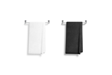 Wall Mural - Blank black and white towel on heated rail mockup, isolated