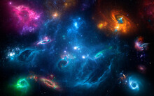 Panorama Space Galaxy Scene With Planets, Stars And Galaxies. Banner Template. Many Nebulae And Galaxies In Space, Many Light Years Away. Deep Universe Galaxy Space. Large-scale Structure 3D Rendered