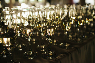 Tray of champagne glasses. Wedding party welcome alcohol. New years eve alcohol celebration. Shiny crystal glass event beverage.  Plenty of white wine glass. Elegant banquet alcohol.